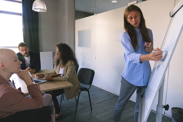 Group of colleagues discussing details of project using flipchart during meeting in modern office in daytime. Ledelse af medarbejdere i SMV'er